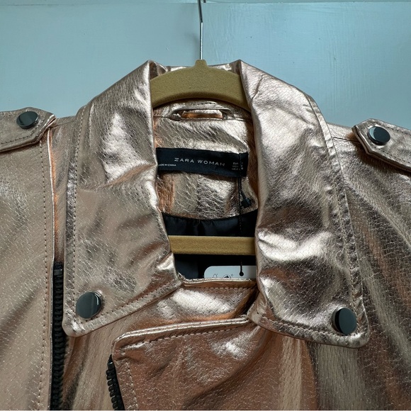 ZARA Woman Size S Rose Gold Leather Motorcycle Jacket NWT - Picture 9 of 9